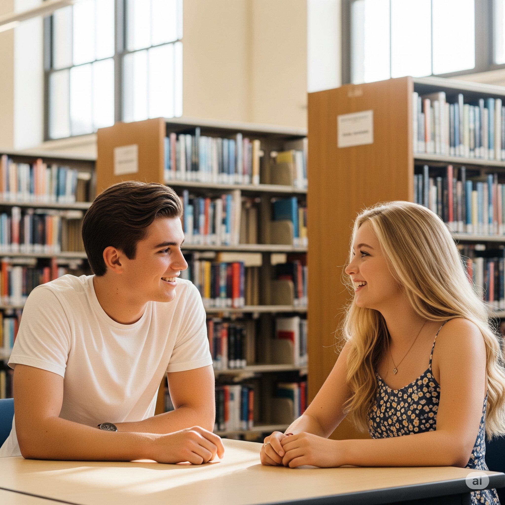 Enemies to Lovers in a High School Library Two teenage rivals sit at opposite ends of a high school library table, surrounded by books, tension, and growing affection — Enemies to Lovers in a High School Library.