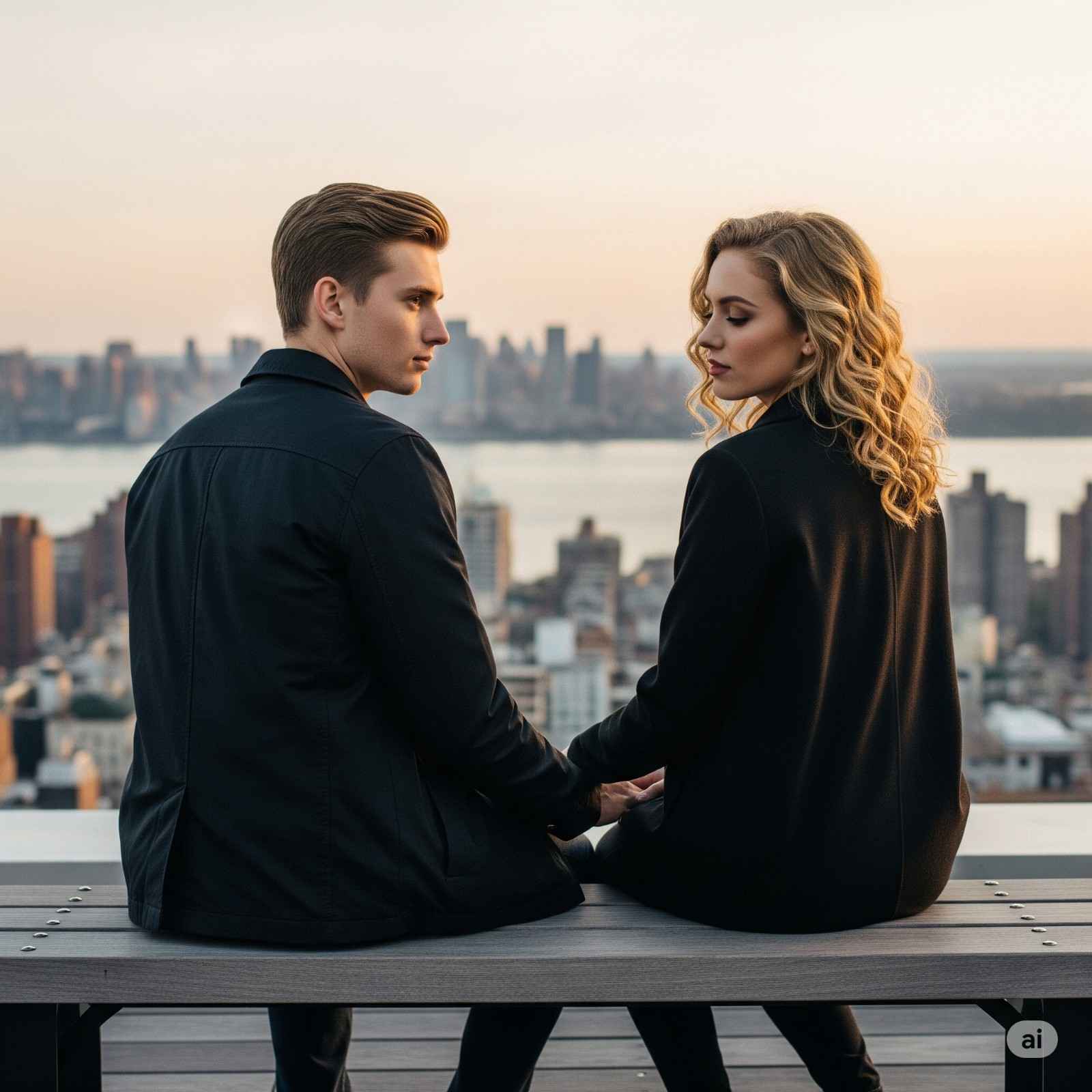 Man and woman sitting silently on a rooftop bench overlooking a river — symbolizing a slow burn relationship