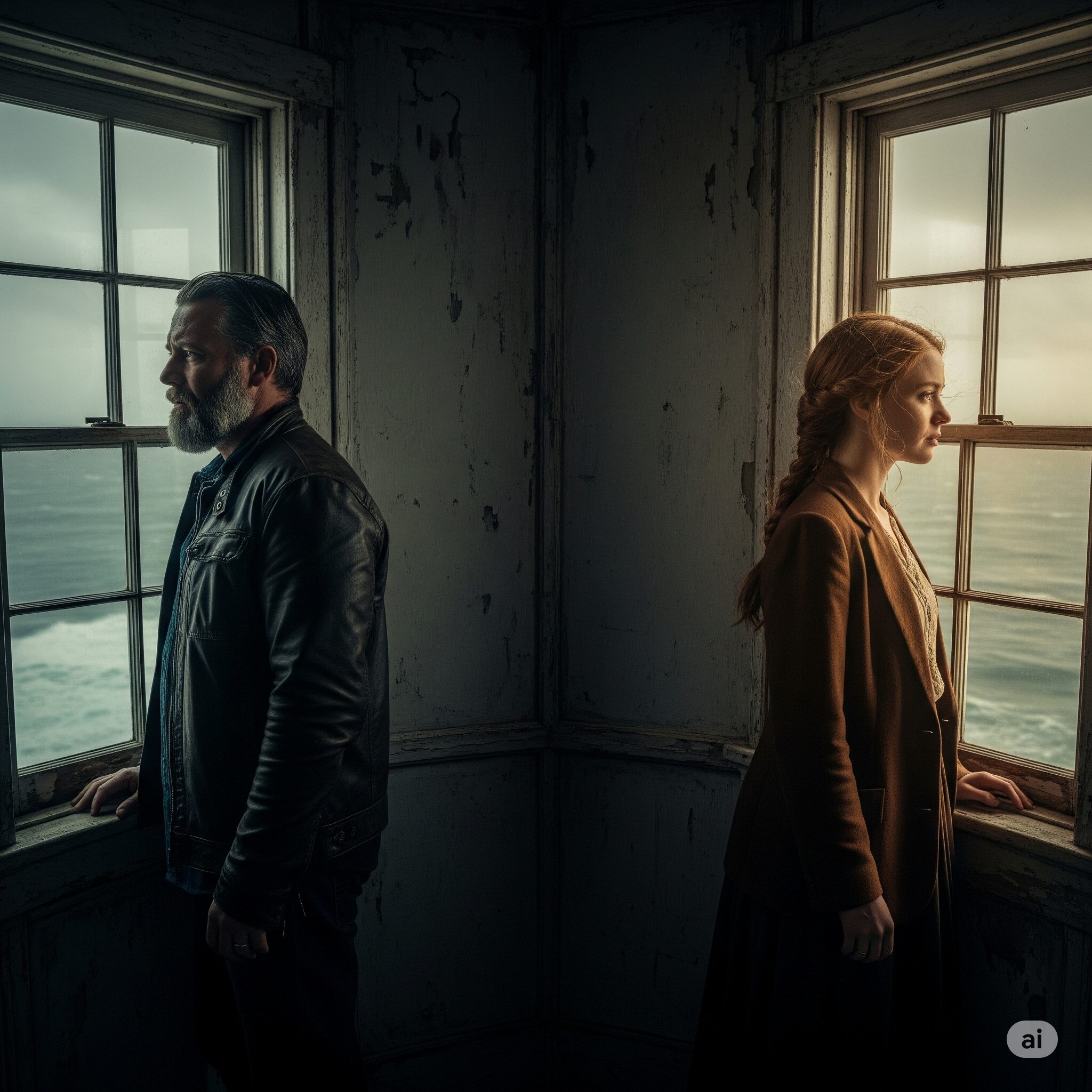 A man and woman stare out opposite windows of a storm-battered lighthouse—two fugitives in a fake marriage, holding a truth neither dares to confess.