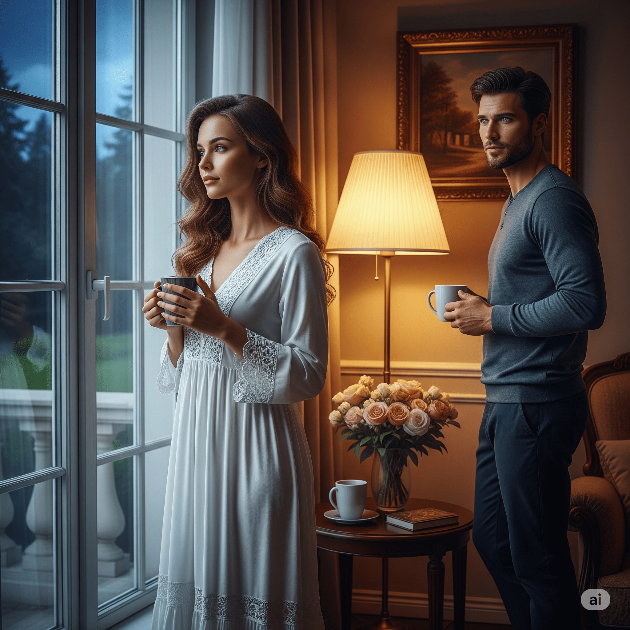 A woman standing quietly by a window while a man watches from behind – symbolic slow burn love
