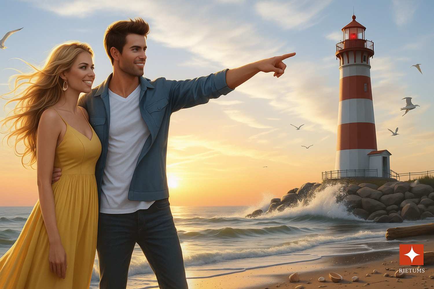 A weathered lighthouse on a stormy island, symbolizing a fake marriage turning into love.