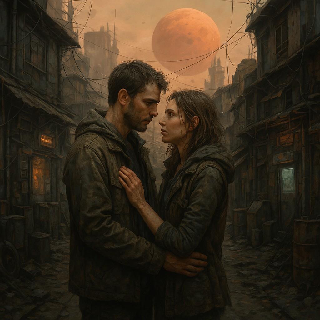 Romantic couple standing close in a crumbling alley of a dystopian society under a blood-red moon, symbolizing love amid collapse.