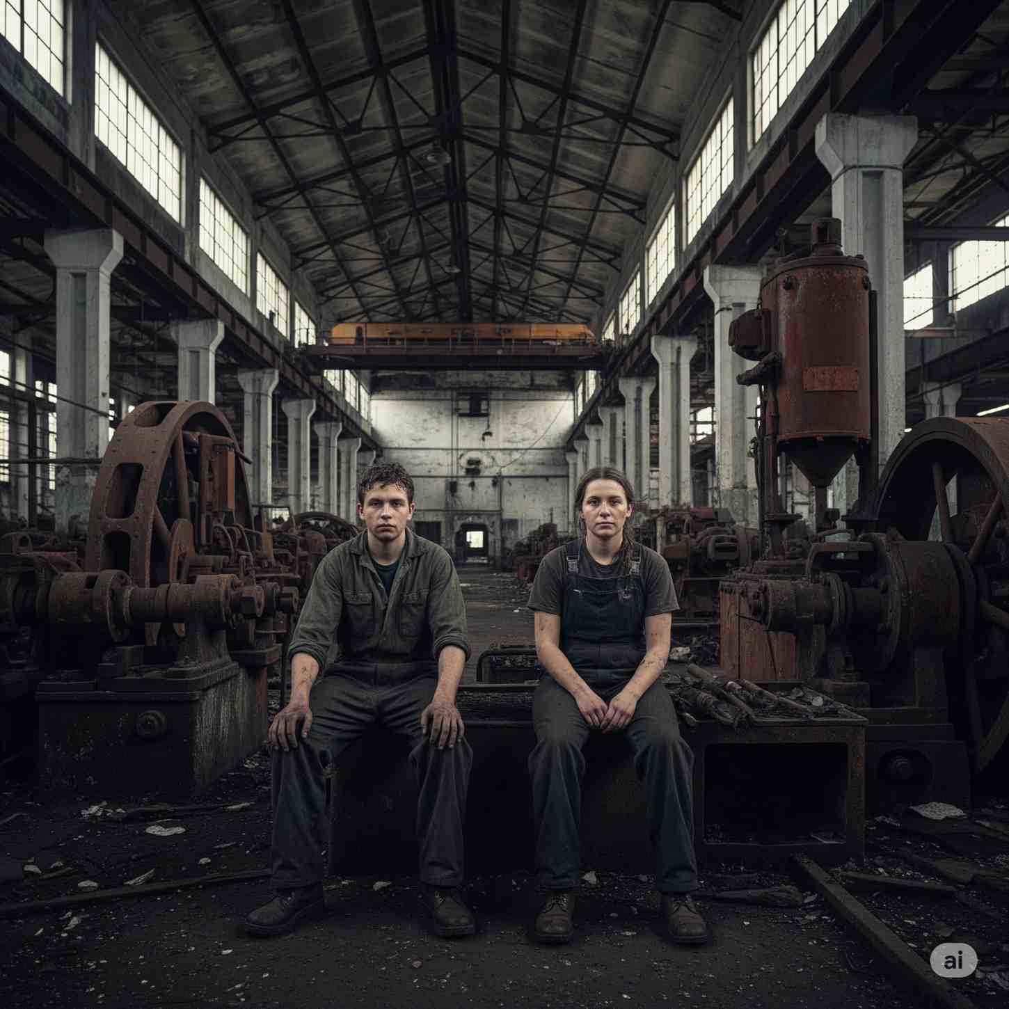 Abandoned factory in Ohio with rusted machinery and two people sitting in silence under dim light to Slow-Burn