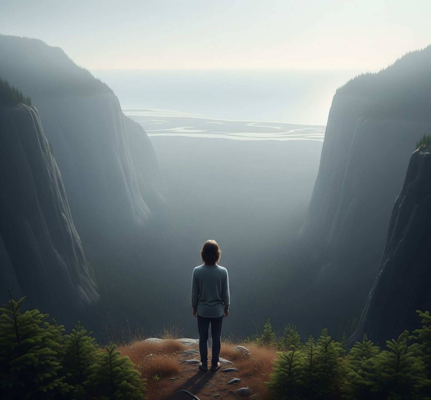A person stands quietly at the edge of a misty forest, facing the vastness of nature with love and humility.
