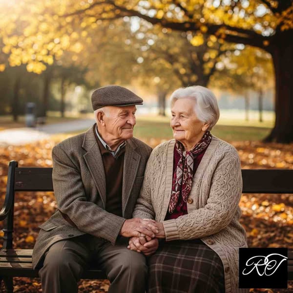 Elderly couple holding hands under autumn trees, symbolizing eternal love in real life.