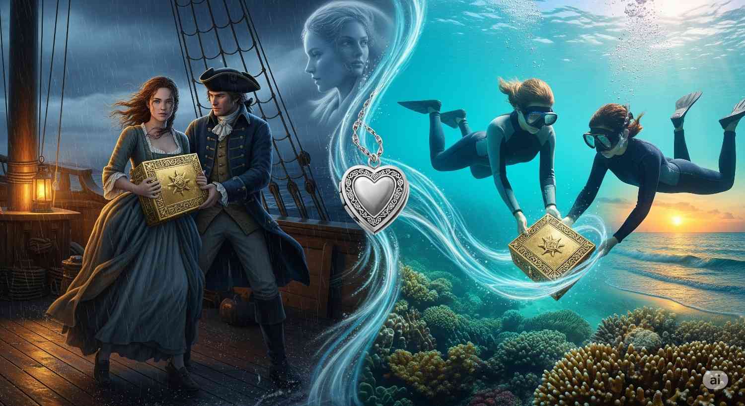 A split-scene artwork showing a historic couple on a stormy ship and modern divers underwater, both holding the same golden chest, connected by a heart-shaped locket, symbolizing eternal love across time