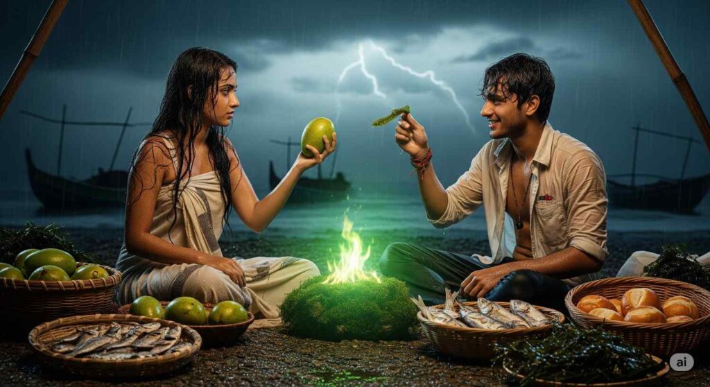 Enemies to lovers Eating mango and dried fish beside the sea shore.