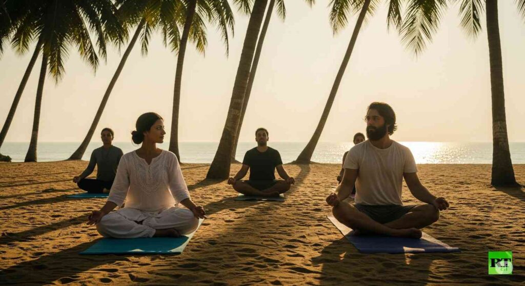 Slow burn tension at an Alibaug yoga retreat — Mahi and Sam exchange quiet glances during meditation by the ocean, framed in golden morning light