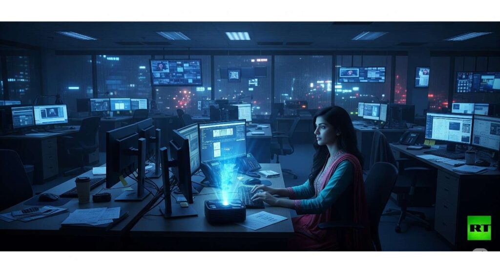Slow burn romance in a Mumbai newsroom — journalist Mahi Kapoor working late under neon lights, glancing at a glowing holographic AI device.