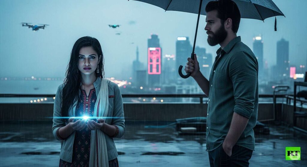 Slow burn climax on a rain-soaked Mumbai rooftop — Mahi holds a flickering hologram of Eon as Sam watches silently under an umbrella, city skyline behind.