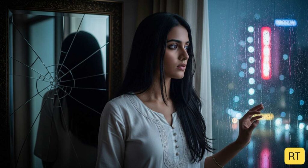 Indian woman gazing through rain-soaked Mumbai window, symbol of slow burn love and fractured past.