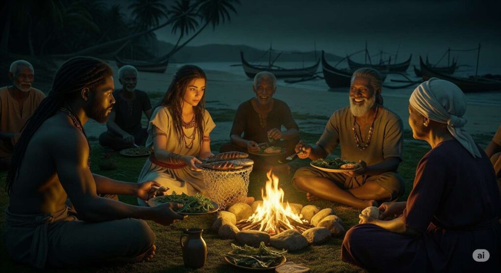 Enemies to lovers symbolic romance shown in a seaside tribal gathering, where an Indian couple shares food by the fire among elders, symbolizing peace, unity, and the transformation of rivalry into love.