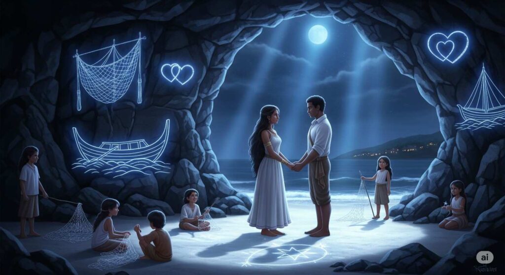 Enemies to lovers symbolic romance showing an Indian couple holding hands under the moonlight in a cave, surrounded by glowing drawings of boats, nets, and hearts, while children weave fishing nets in silence.