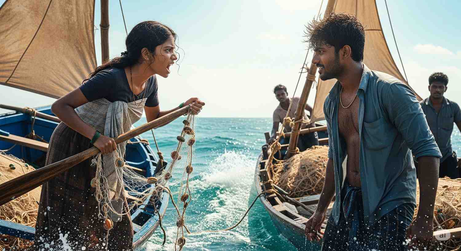 Enemies to lovers symbolic romance of an Indian fisherman and woman arguing fiercely on boats in the middle of the sea, with fishing nets and waves crashing around them, capturing passion born from conflict.