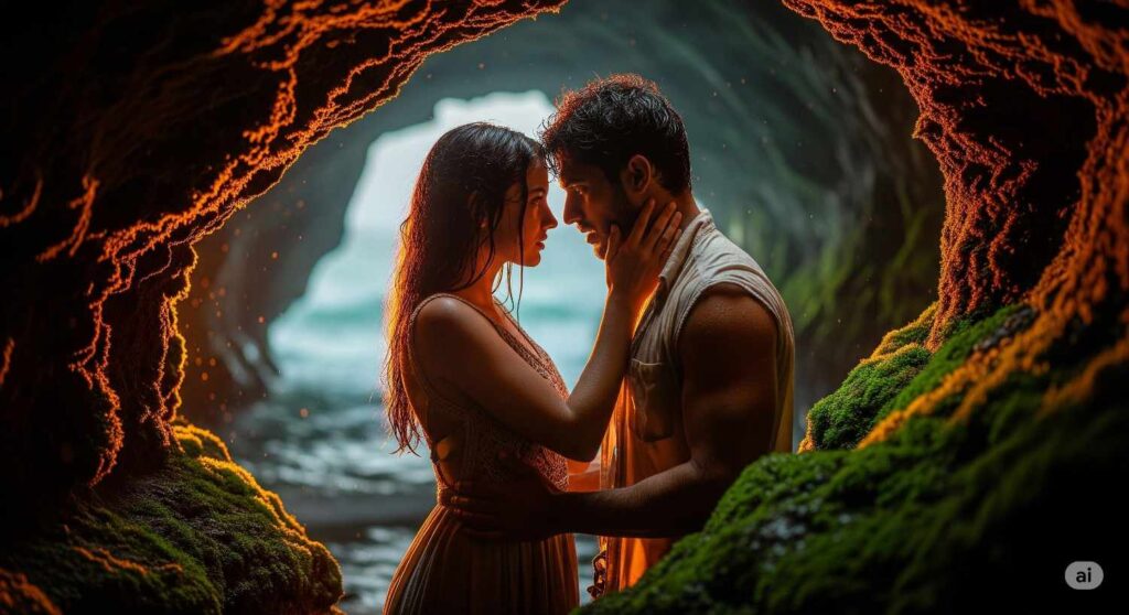 Enemies to lovers symbolic romance of an Indian couple standing in a glowing cave, holding each other tenderly with ocean waves in the background, showing passion and destiny.