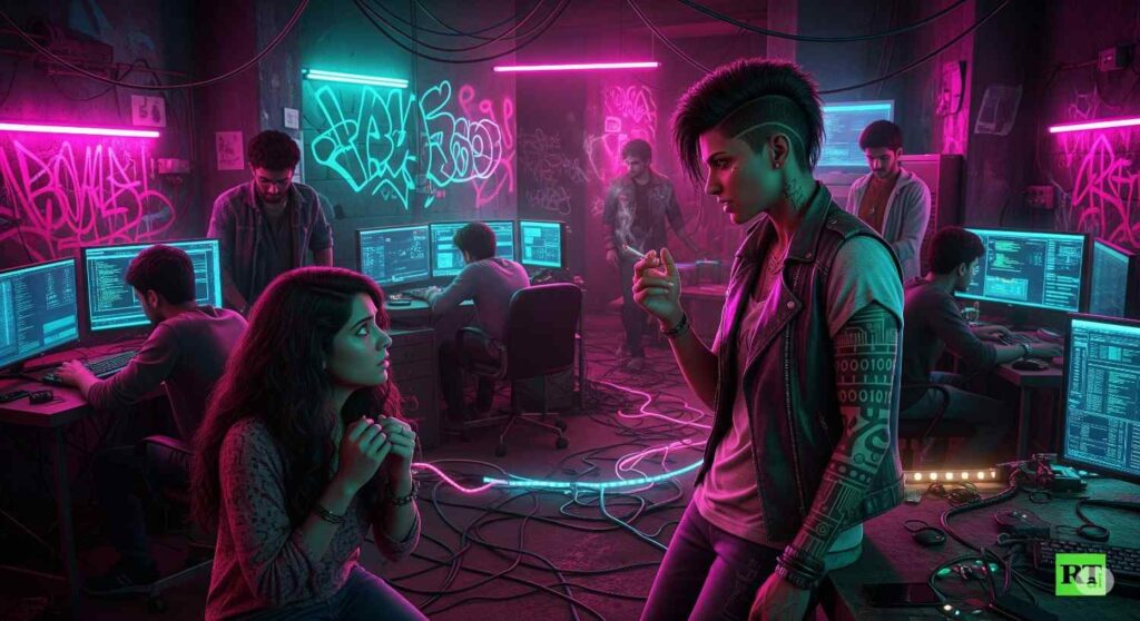 Slow burn mystery deepens in a Dharavi hacker den — Mahi meets Shirley among glowing monitors, neon graffiti, and cyberpunk shadows of Mumbai.