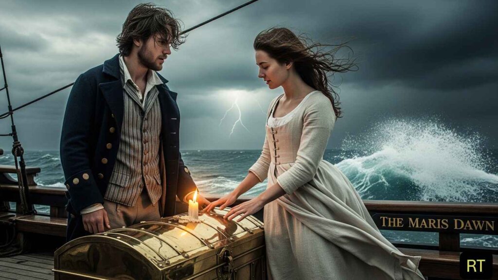 Isla and Dorian on the 1781 ship Maris Dawn, beside a brass chest in a storm, capturing a moment of eternal love.