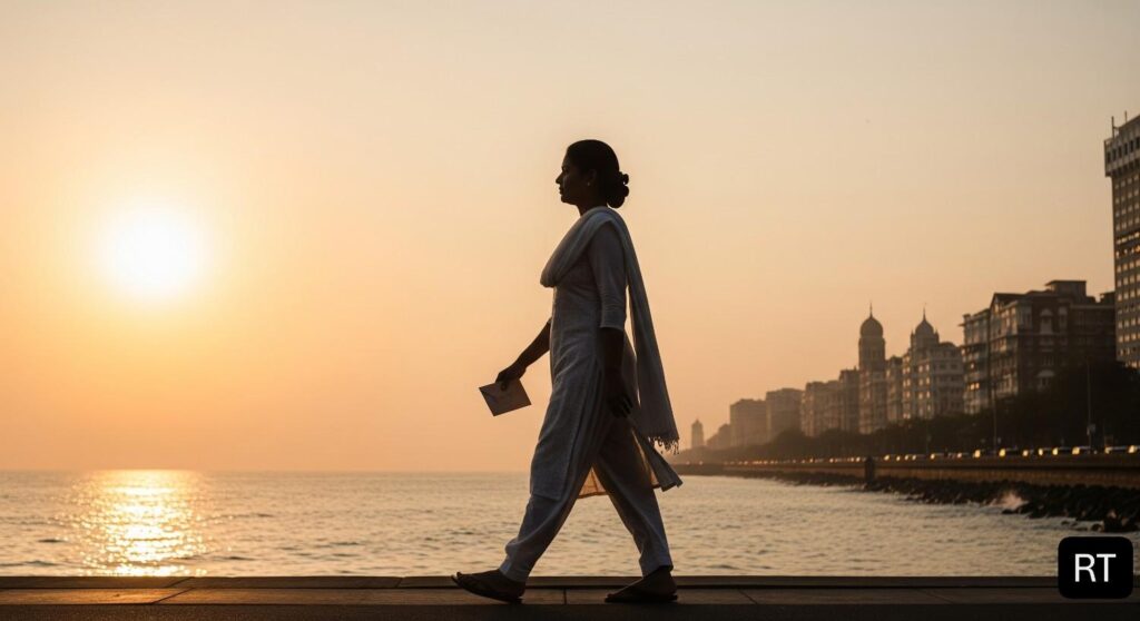 Indian woman walking alone at Marine Drive dawn, symbol of slow burn healing and eternal choice.