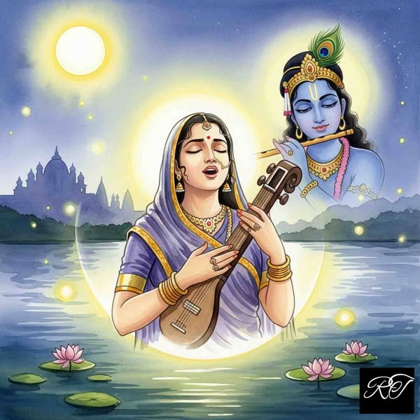 Mirabai singing to Lord Krishna under moonlight, representing spiritual eternal love.
