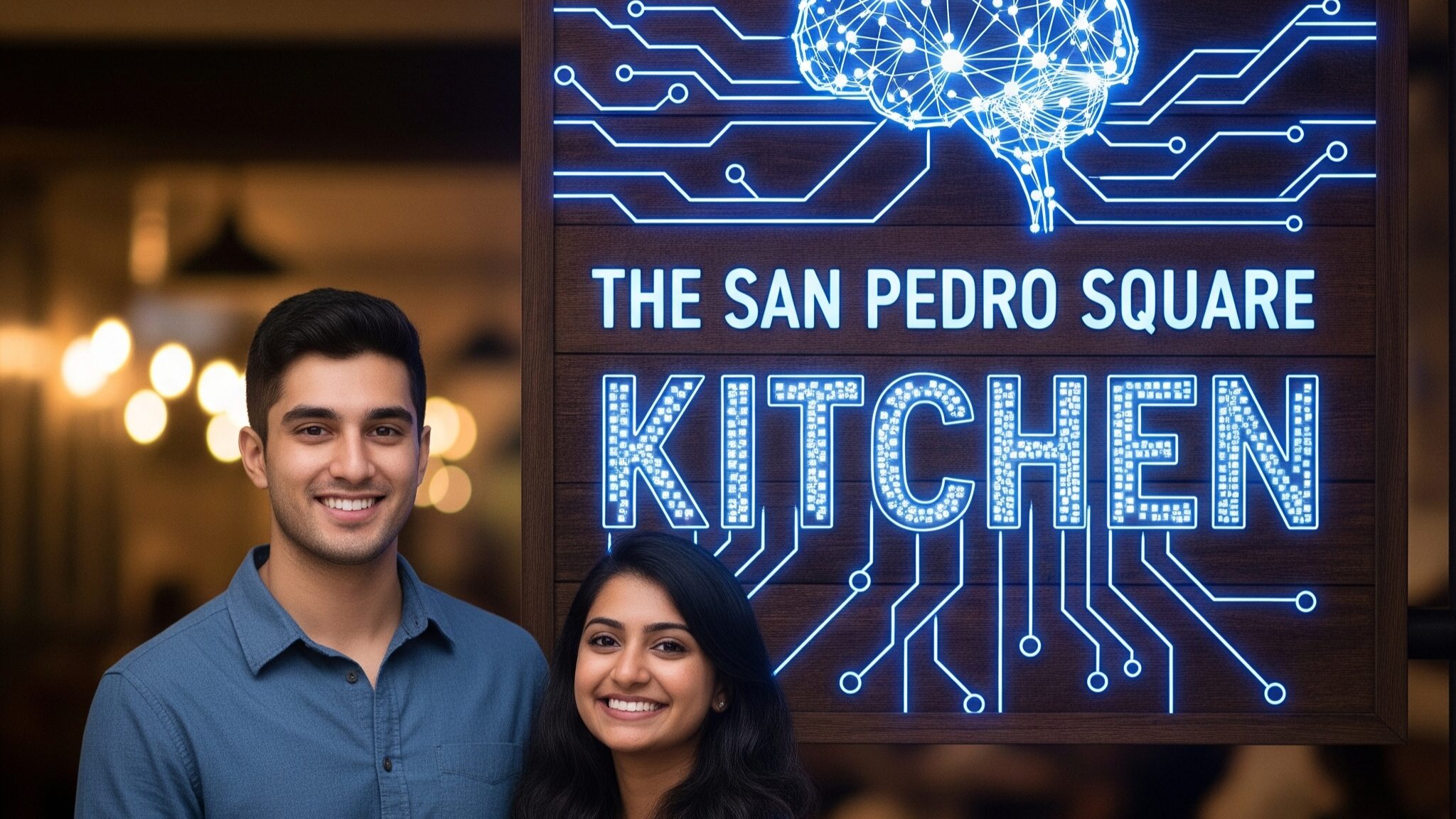 Against the warm, blurred glow of "The San Pedro Square Kitchen," a wooden sign shimmers with a futuristic, AI-themed design. Hand in hand, a young couple, Elijah and Adhya, stand smiling, their love a reflection of the sign's glowing blue circuits and stylized brain—a symbol of eternal love, both timeless and technologically bound.