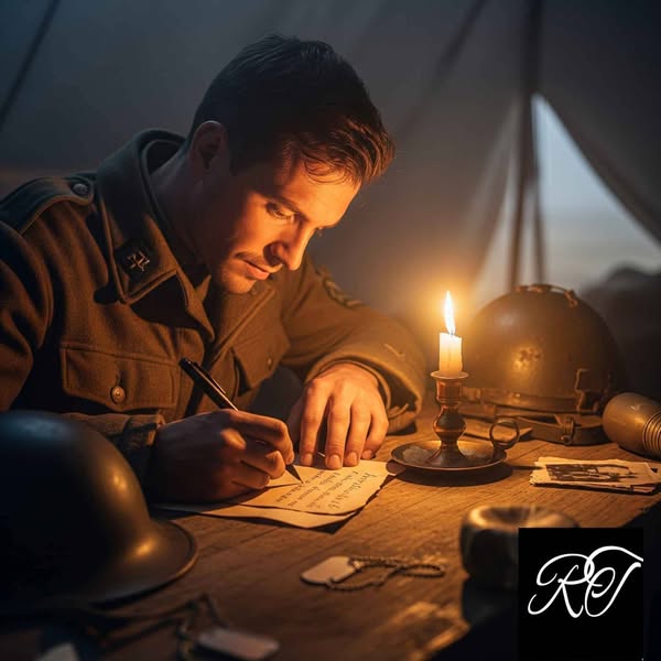 Soldier writing a letter by candlelight, expressing eternal love through devotion.