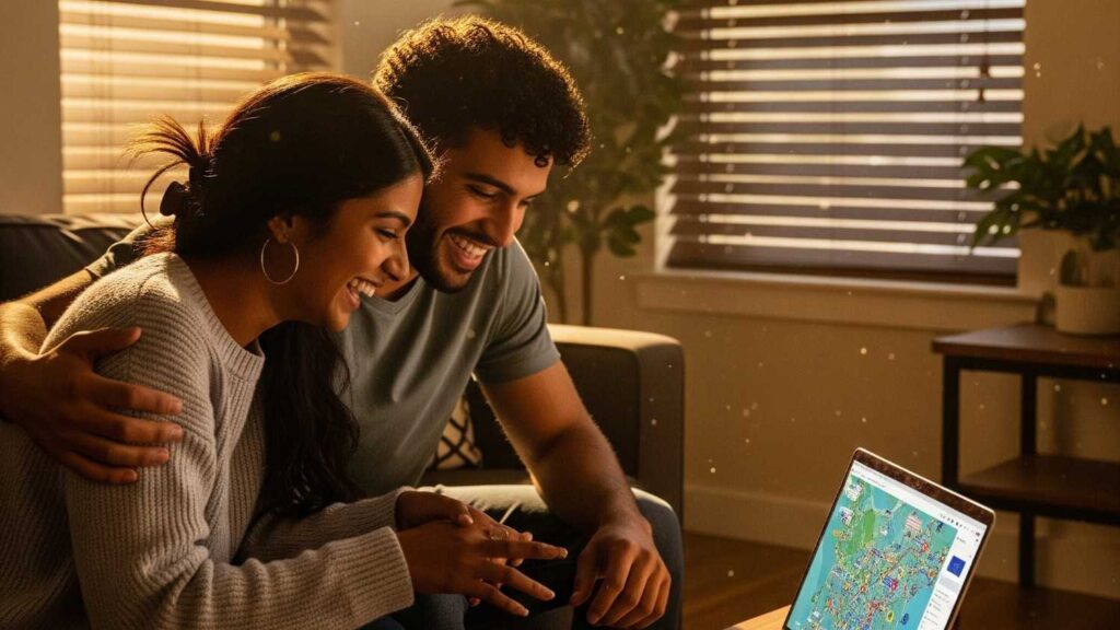 The Digital Idyll: A young couple, Adhya and Elijah, share a moment of eternal love in their sun-drenched Santa Clara apartment, capturing their idyllic life before Silicon Valley's challenges.