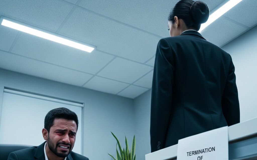 The Silent Farewell-A man looks on with a pained expression as a woman, Adhya, receives a termination letter, symbolizing the heartbreak of the layoffs in the tech industry