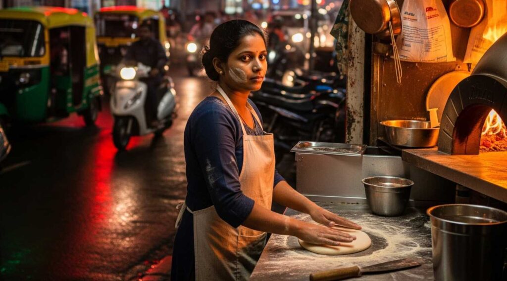 . The Reinvention's Solitude- A woman, Adhya, with flour on her cheek, works alone in her new pizza kitchen in a bustling street in Bengaluru, capturing her lonely journey in their long-distance love story.