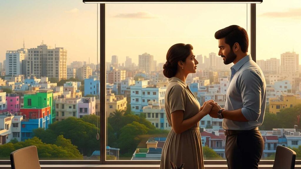 . The Reinvention's Solitude- A woman, Adhya, with flour on her cheek, works alone in her new pizza kitchen in a bustling street in Bengaluru, capturing her lonely journey in their long-distance love story.