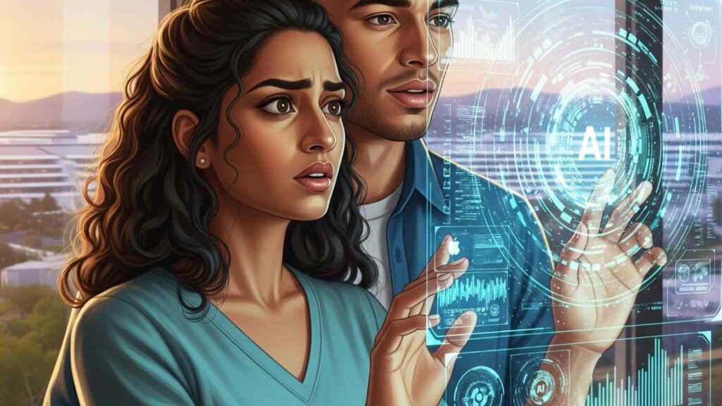 A young couple, Adhya and Elijah, Scared of AI.The Silicon Love Algorithm: A Story of Eternal Love, Sacrifice, and Redemption in the Age of AI