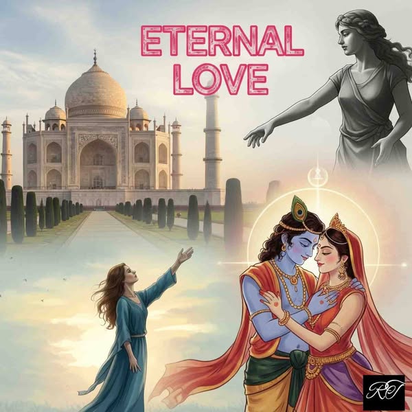 Symbolic collage of eternal love stories including the Taj Mahal, Orpheus and Eurydice, Radha and Krishna.