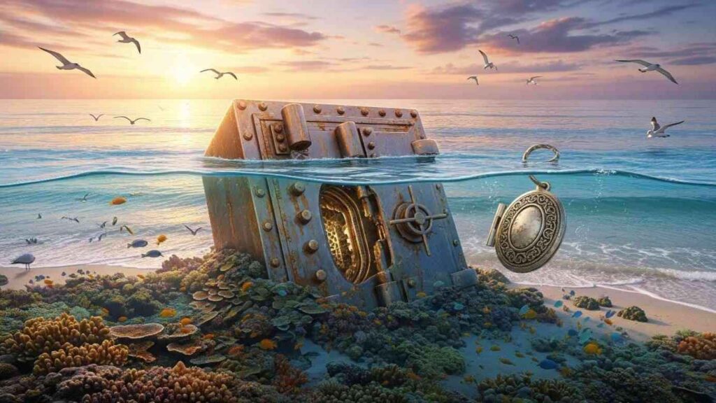 Beneath the sunlit coral reef, a weathered brass vault lies half-hidden in the water’s glow, guarding an ages-old eternal love.