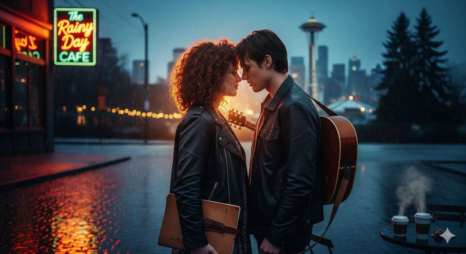 Gemini_Generated_Image_3tcg6b3tcg6b3tc A photorealistic 16:9 image of a friends to lovers romance on a foggy Seattle rooftop: a woman in a flowing dress exchanges a charged glance with a brooding man in a clinging flannel shirt under warm string lights, Puget Sound churning below amid misty rain, scattered champagne glasses, and distant thunderclouds, with shallow focus on their eyes evoking jealousy and reluctant realization.