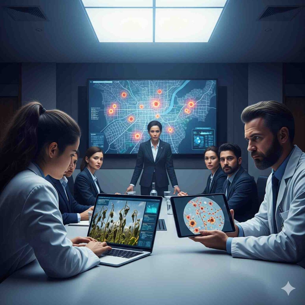 An image from a "friends to lovers" story showing a tense emergency meeting. A man and a woman sit across from each other at a conference table, both with serious expressions and looking at screens displaying plant-related data. A stern female mayor and other officials look on in the background. The mood is one of an unwilling, but necessary, alliance.