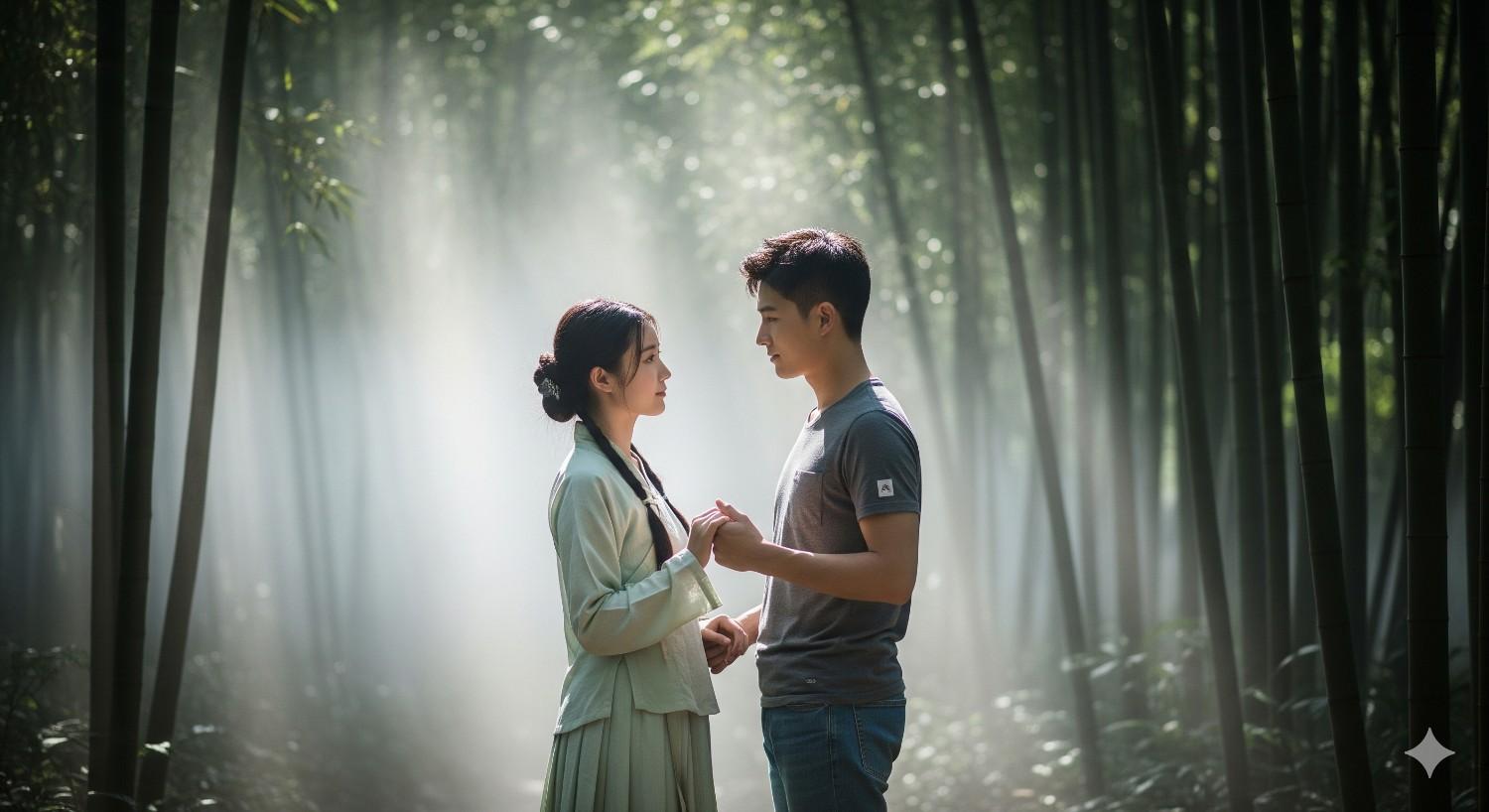 A romantic Chinese couple stands in the Jade Forest, mist swirling through bamboo trees. Xiu in traditional attire gently guides Wei in modern clothes, their harmony of past and present reflecting eternal love with nature.