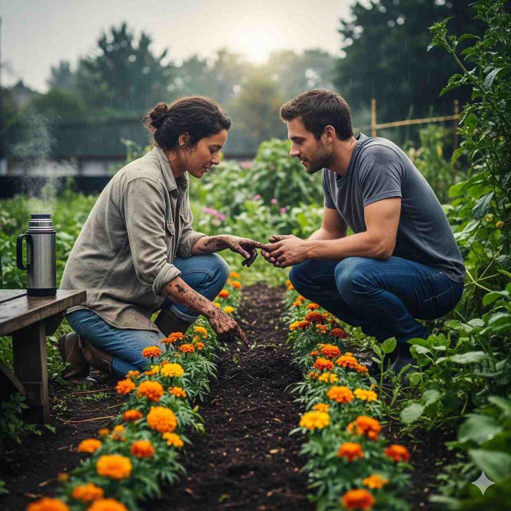 An intimate "friends to lovers" scene set in an urban community garden at dawn. A man and a woman kneel in the soil together, their hands near each other as they examine a plant. A thermos of coffee sits on a nearby bench. The mood is tender and romantic as a storm looms overhead.