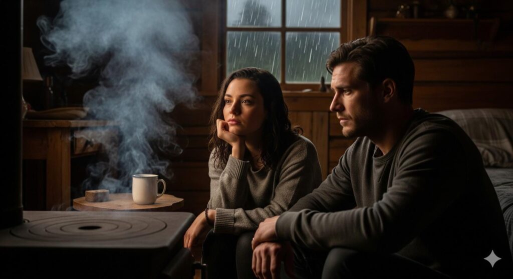 Fake Marriage- savanah and jax watch rain sitting inside tent