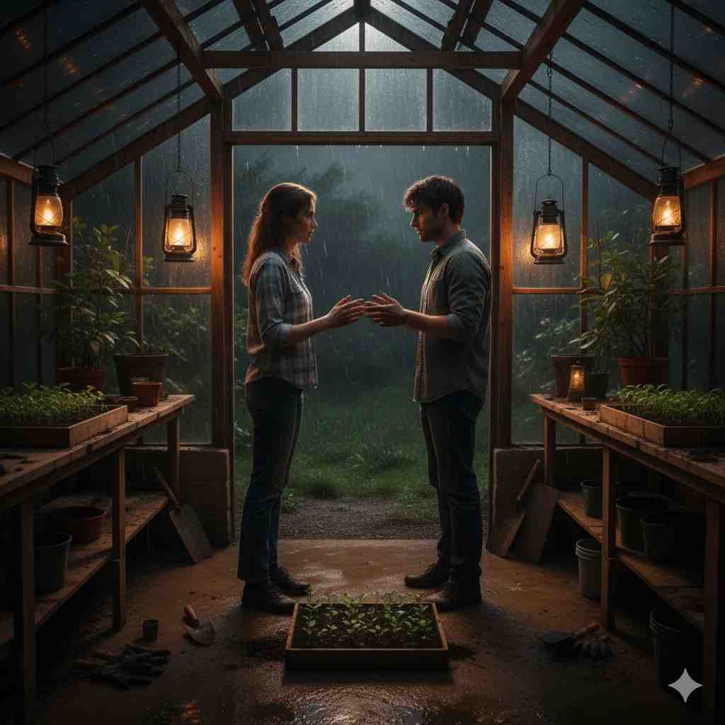 Realistic greenhouse scene at night showing a young man and woman in a tense, intimate moment over seedlings, capturing the slow-burning attraction of an enemies to lovers story.