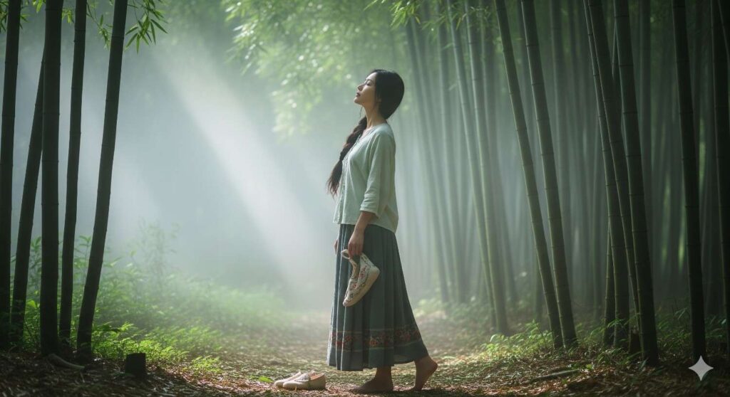 A serene young Chinese woman in pale green rural clothing stands barefoot in a misty bamboo grove in Guilin, eyes closed as if listening to the trees sing, embodying gentle love with nature.