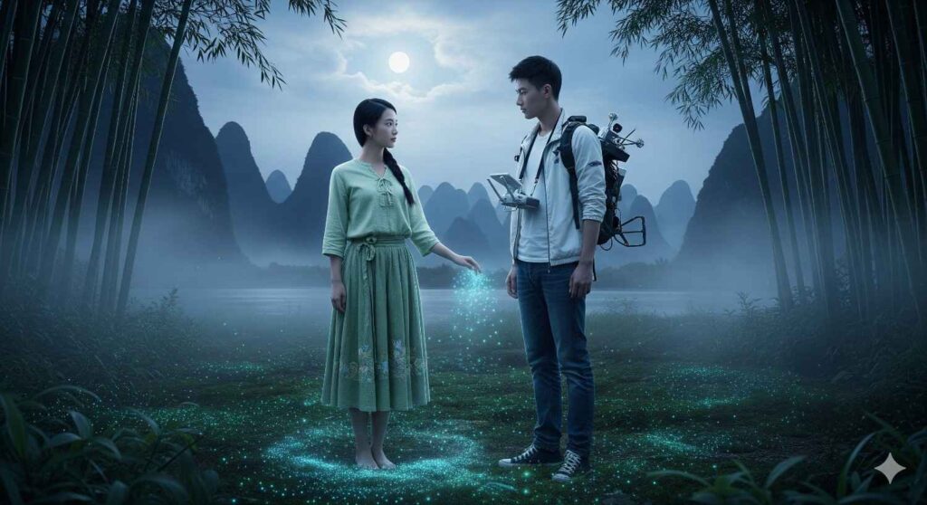 In the mystical Jade Forest near Guilin shows Xiu, a graceful young Chinese woman in pale green traditional attire, gently touching glowing Starlight Moss, beside Wei, a handsome modern man with gadgets. Surrounded by mist, bamboo trees, moonlight, and distant karst mountains, they gaze at each other with quiet trust, symbolizing harmony of past and present and eternal love with nature.