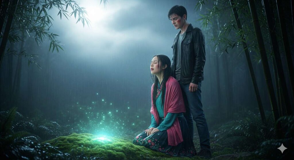 In a mystical Jade Forest clearing, glowing Starlight Moss casts blue-green light. Xiu kneels singing with eyes closed while Wei stands protectively beside her, their bond shining as a symbol of love with nature.
