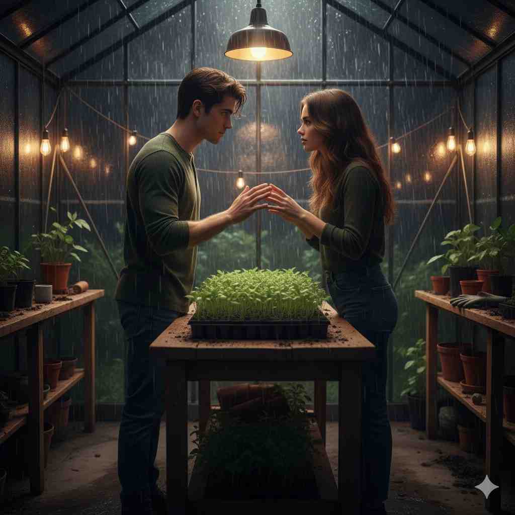 Young man and woman in a greenhouse at night, hands entwined over seedlings, depicting the slow-burning attraction in an enemies to lovers story.