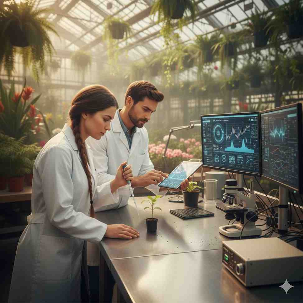 Two scientists in white lab coats work closely together in a sunlit greenhouse laboratory, examining data on a tablet while surrounded by plants and monitoring equipment. Their body language suggests a transition from professional rivalry to romantic tension - former research competitors now collaborating intimately on botanical experiments, embodying the classic enemies-to-lovers dynamic as they lean in toward each other over their shared work.