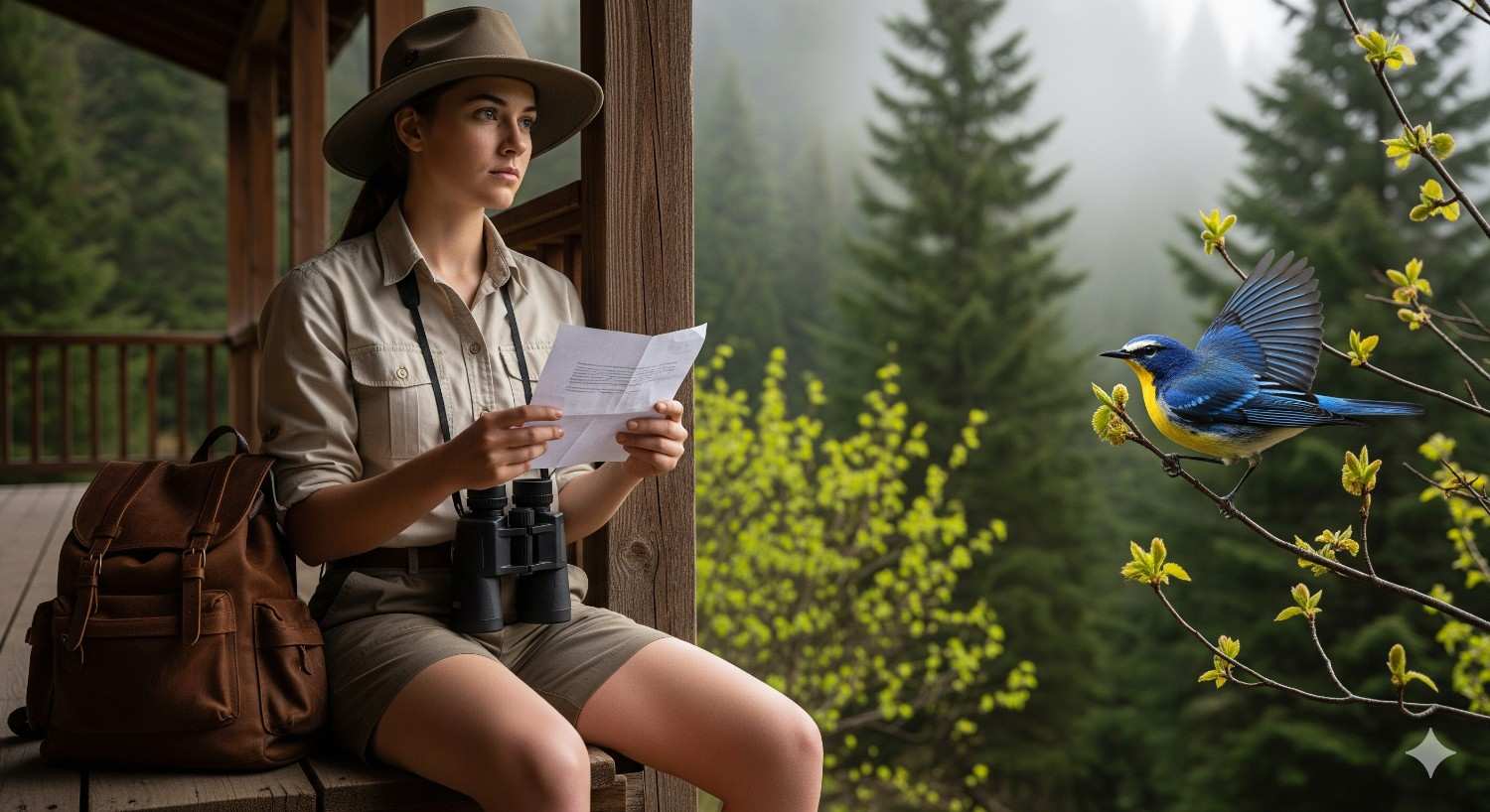 A young researcher sits on a rustic porch with an official letter in hand, a warbler perched nearby, marking the first step into a fake marriage arrangement.