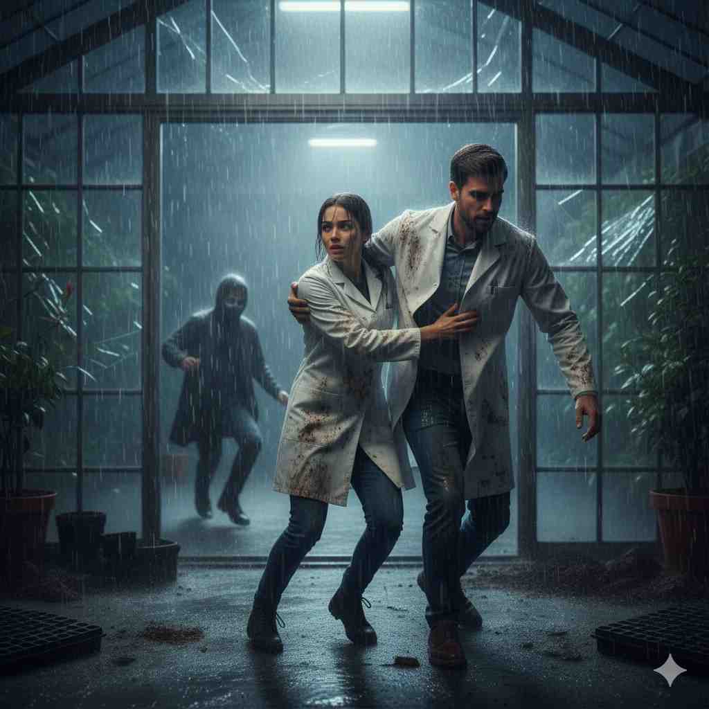 James and Maya in torn, bloodied clothing flee together through a rain-soaked green house, their arms wrapped protectively around each other as they escape from a shadowy pursuer visible in the background. The dramatic scene captures the intense moment when former adversaries must rely on each other for survival, their desperate embrace suggesting the enemies-to-lovers transformation from mutual antagonism to protective partnership in the face of mortal danger.