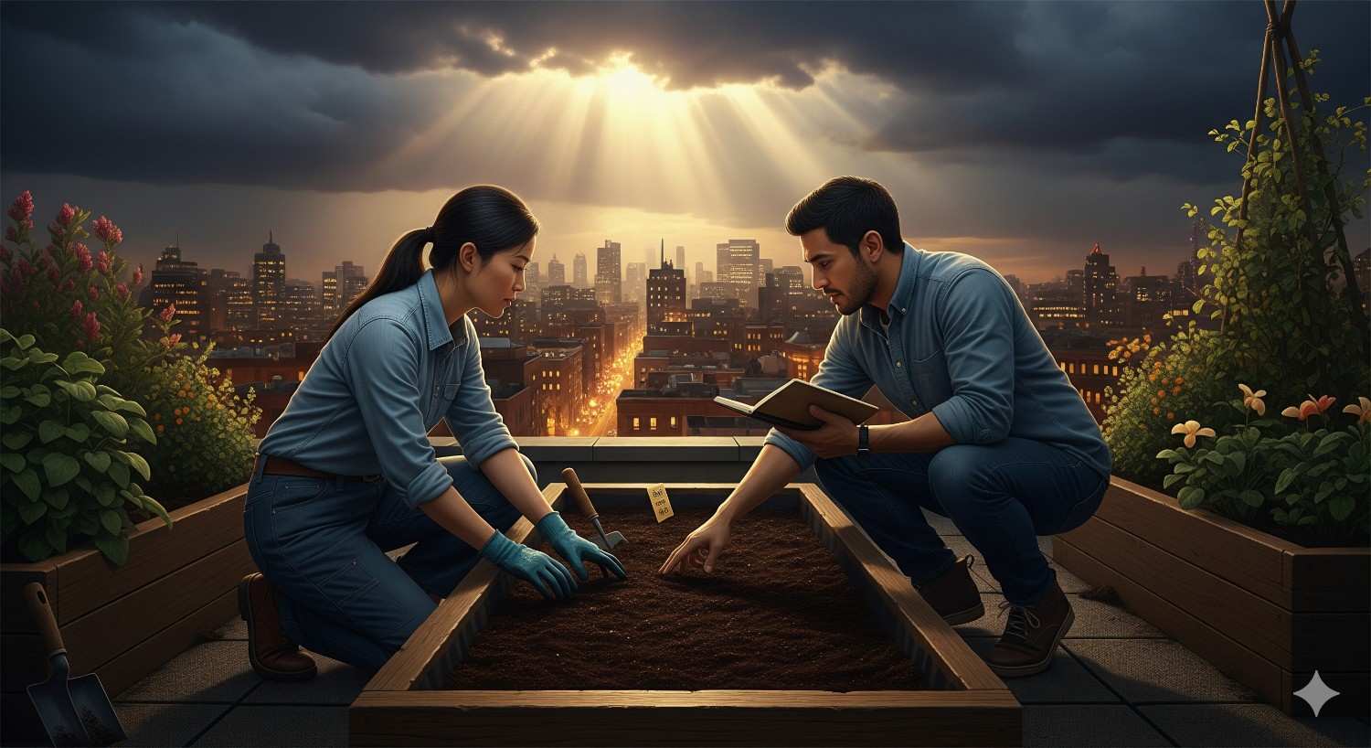 Seeds of Conflict-friends to lovers (16:9) A cinematic 16:9 illustration for a "friends to lovers" narrative. A man and a woman are in a rooftop garden at dusk with the city skyline in the background. They are both kneeling, their hands nearly touching in the dirt of a planter box. Golden light breaks through parting storm clouds above.
