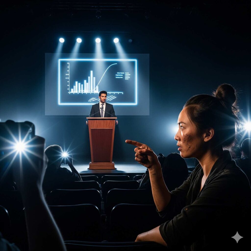 An image depicting a tense "friends to lovers" confrontation at a press conference. A man in a suit stands at a podium under harsh lights, while a woman in casual clothes stands in the audience pointing an accusing finger at him. The scene captures the high-stakes rivalry that is the foundation of their future relationship.