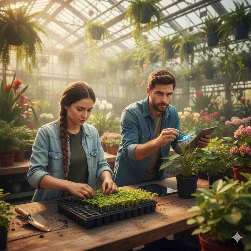 Two botanical researchers in matching denim shirts work side by side in a sun-drenched greenhouse, tending to seedling trays on a rustic wooden table surrounded by lush flowering plants. Their focused collaboration and comfortable proximity suggest the evolution from academic rivals to romantic partners - former competitors who once clashed over research methods now working in perfect harmony, embodying the enemies-to-lovers journey from professional antagonism to intimate partnership among the blooming flora.