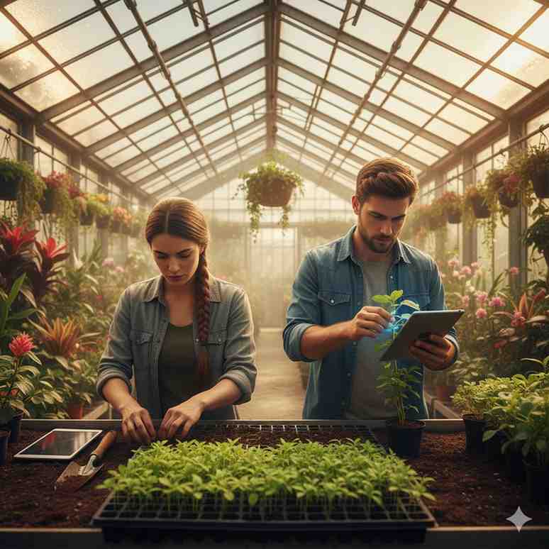 Two botanical researchers in matching denim shirts work side by side in a sun-drenched greenhouse, tending to seedling trays on a rustic wooden table surrounded by lush flowering plants. Their focused collaboration and comfortable proximity suggest the evolution from academic rivals to romantic partners - former competitors who once clashed over research methods now working in perfect harmony, embodying the enemies-to-lovers journey from professional antagonism to intimate partnership among the blooming flora.