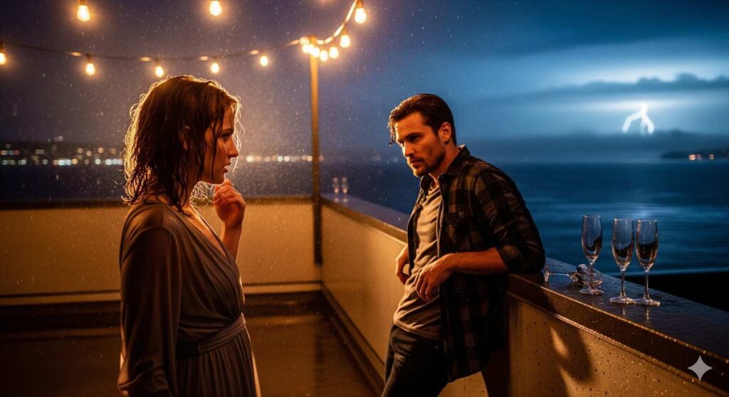 A photorealistic 16:9 image of a friends to lovers romance in rainy Seattle: a curly-haired woman with a sketchbook and a tousled-haired man with a guitar share a tense, intimate gaze under neon lights, rain puddling around them as the blurred Space Needle looms in the twilight fog.